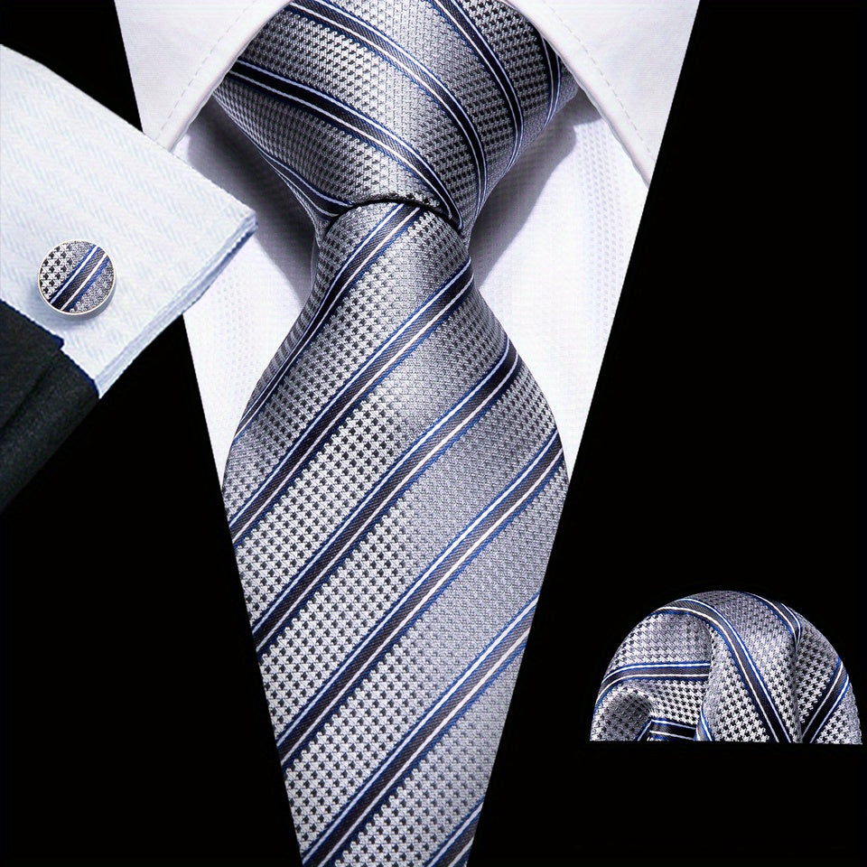Men's Classic Striped Tie Set with Matching Handkerchief and Cufflinks for Formal and Casual Wear