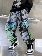 Boys Joggers with Graffiti Ink Splash Print Elastic Waist Casual Sportswear