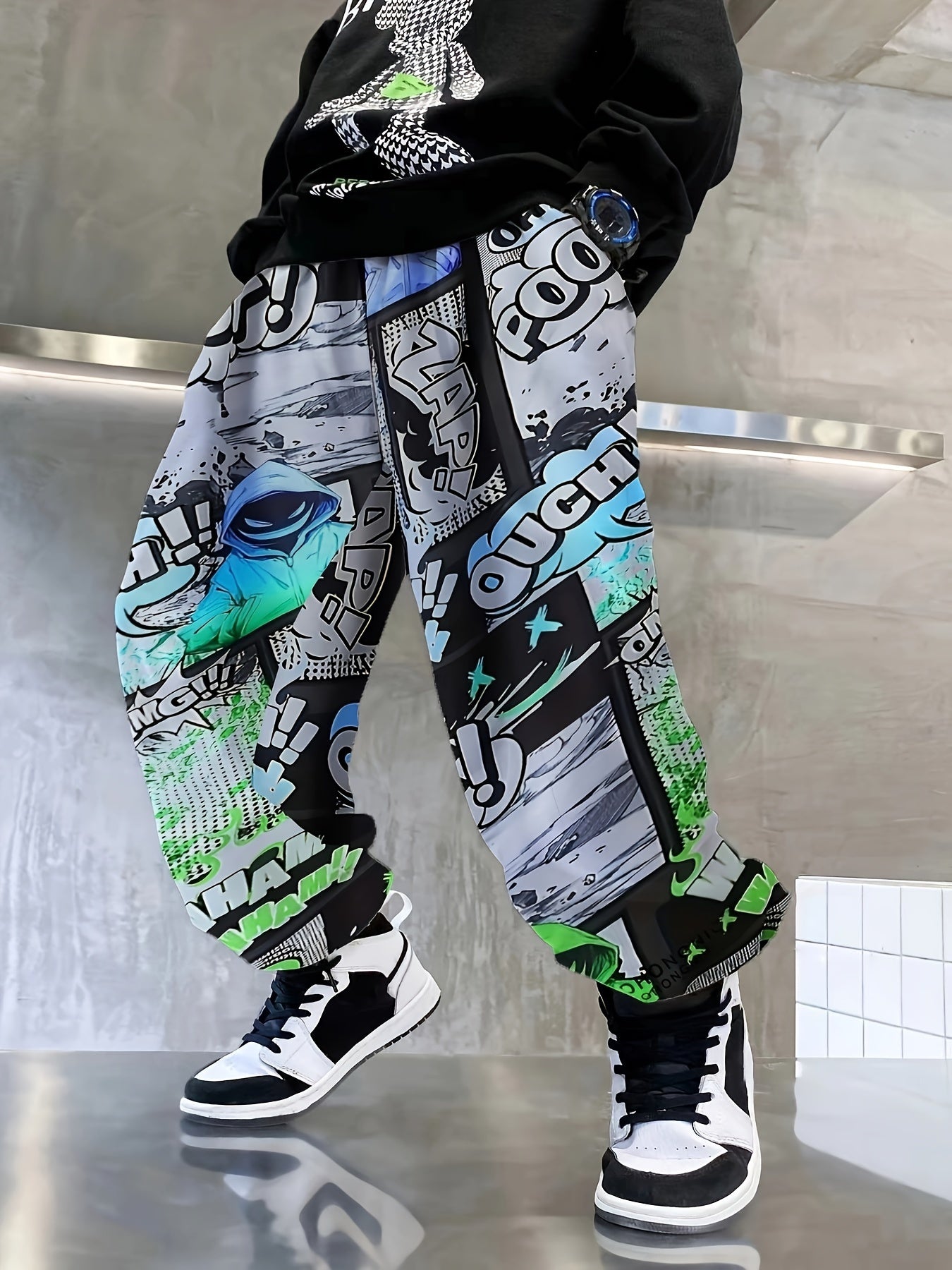 Boys Joggers with Graffiti Ink Splash Print Elastic Waist Casual Sportswear