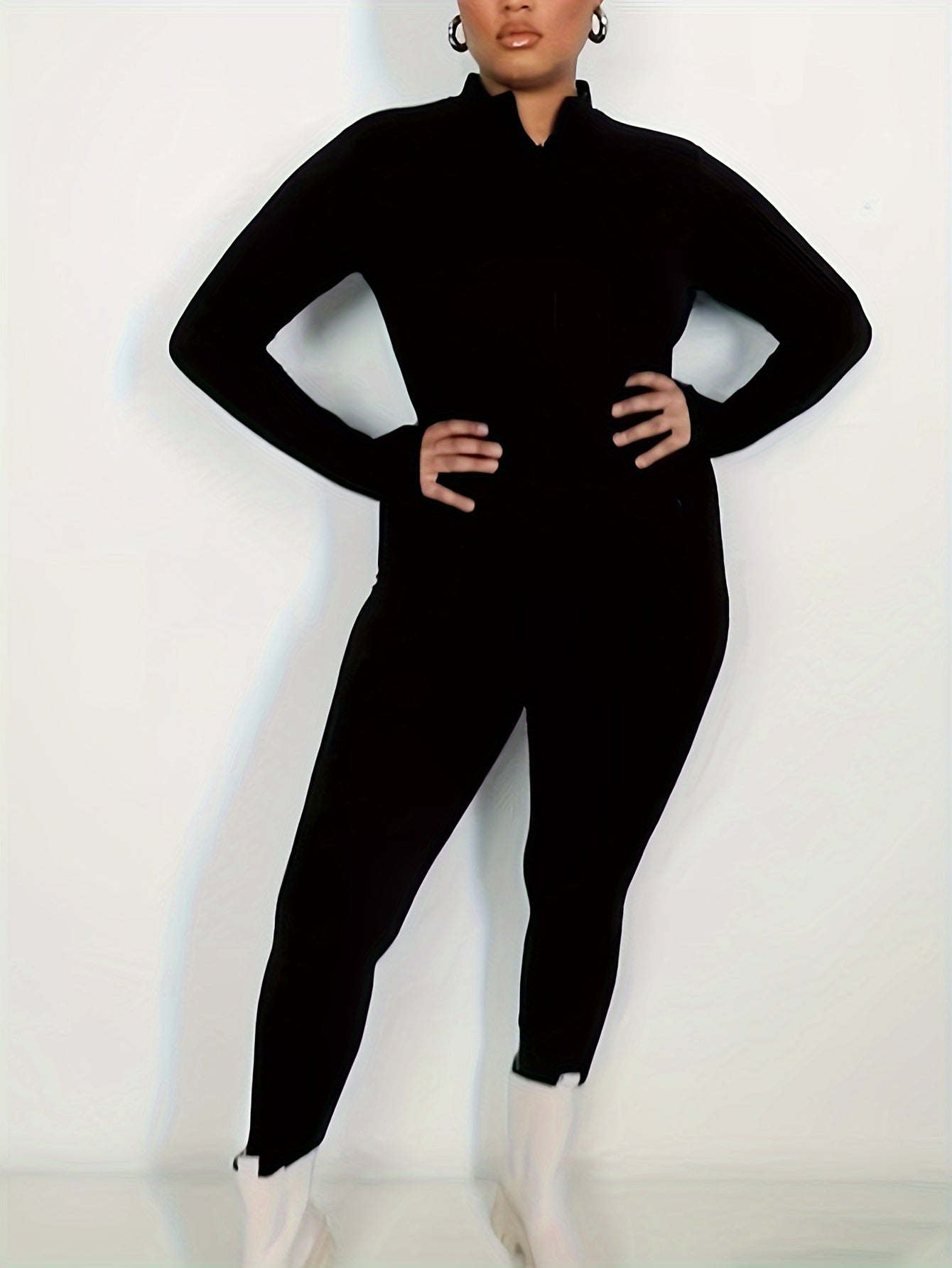 Plus Size Women's Solid Zip Up Long Sleeve Jumpsuit