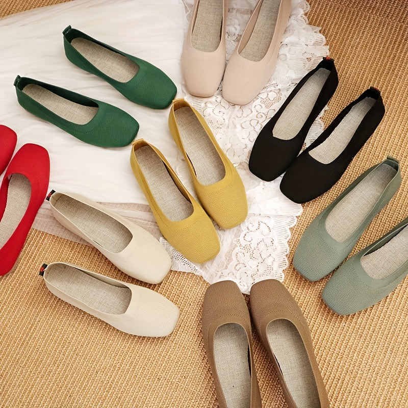Women's Knit Flat Shoes Breathable Slip-On Square Toe Ballet Flats