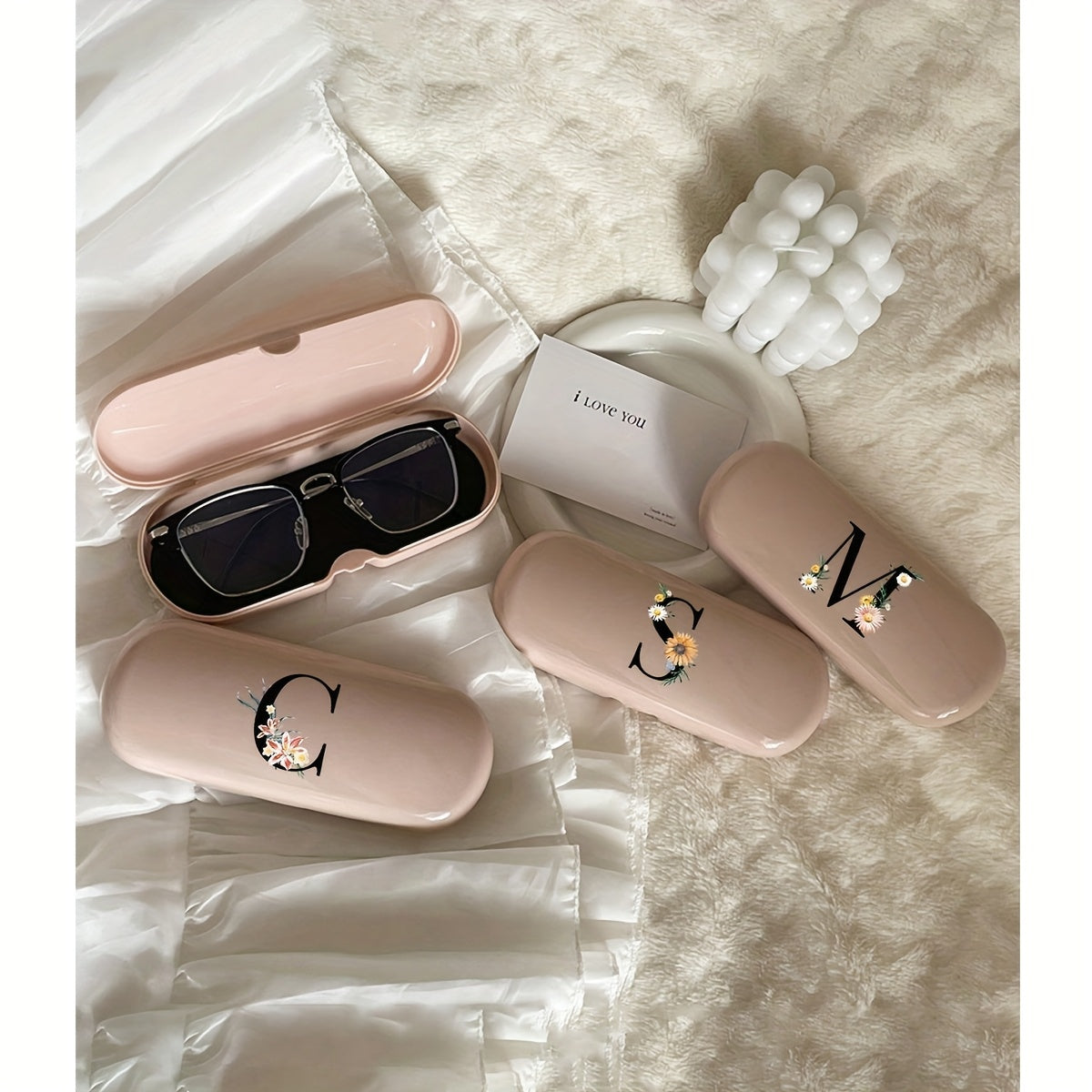 Pink Floral Monogram Glasses Case Waterproof Dustproof Compact Plastic Storage Box for Men and Women