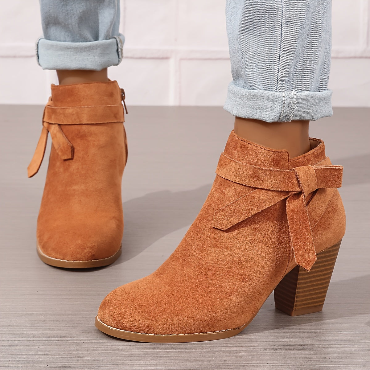 Women's Orange Ankle Boots with Chunky Heels and Side Zipper