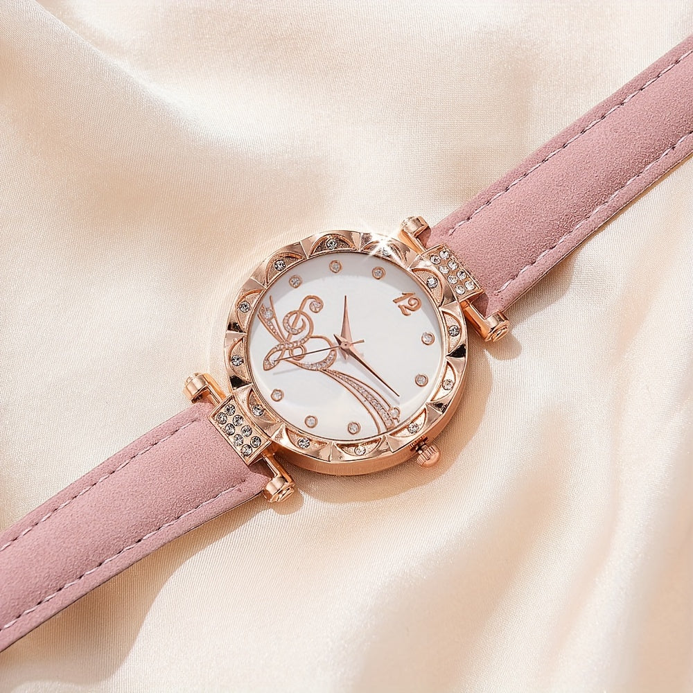 Set of 6 Women's Music Note Design Watches with Rhinestone Accents and Matching Jewelry Set
