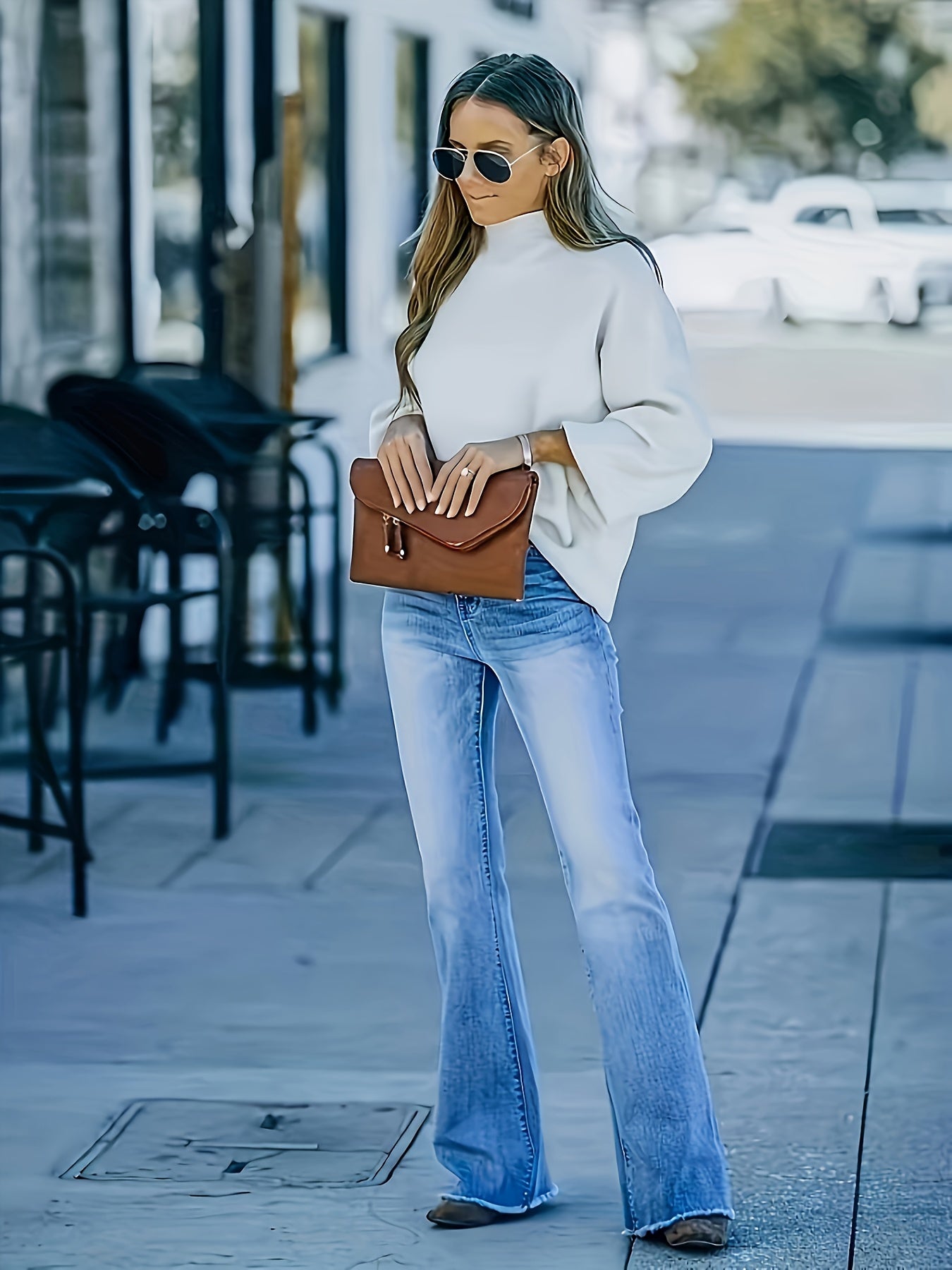 Women's Flared Jeans with Pockets, Stretchy Denim, Casual Bell-Bottoms