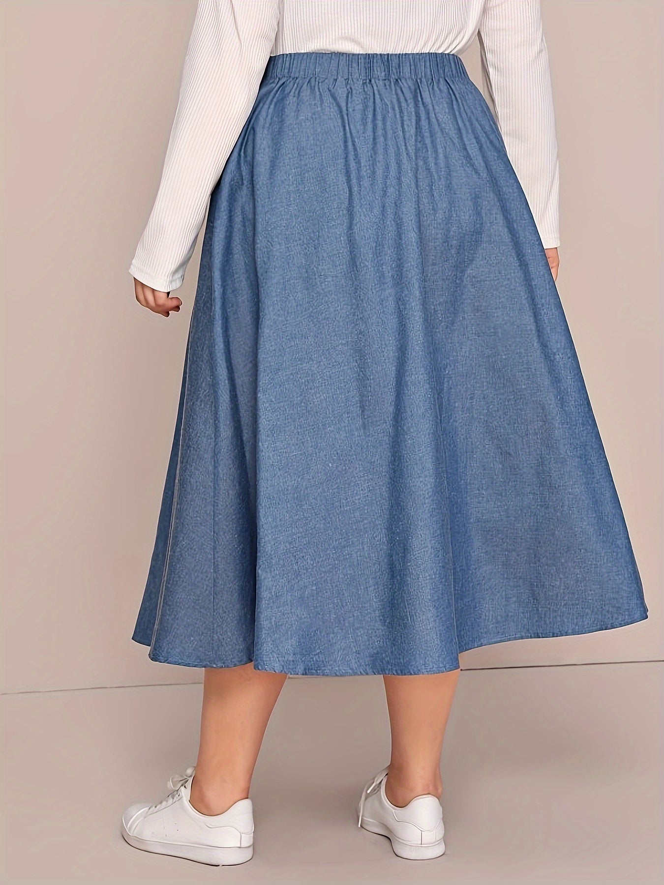 Plus Size Women's Light Blue A-Line Midi Skirt with Elastic Waist
