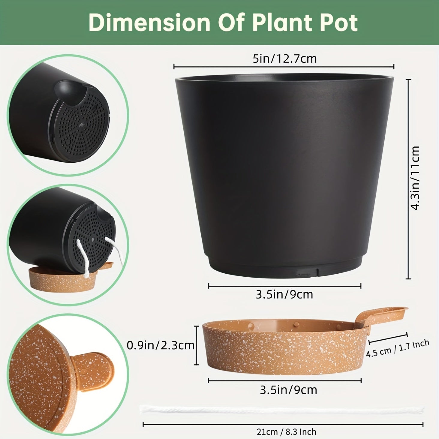 Set of 5 5-Inch Plastic Self-Watering Flower Pots with Drainage Holes and Trays for Indoor Outdoor Gardens
