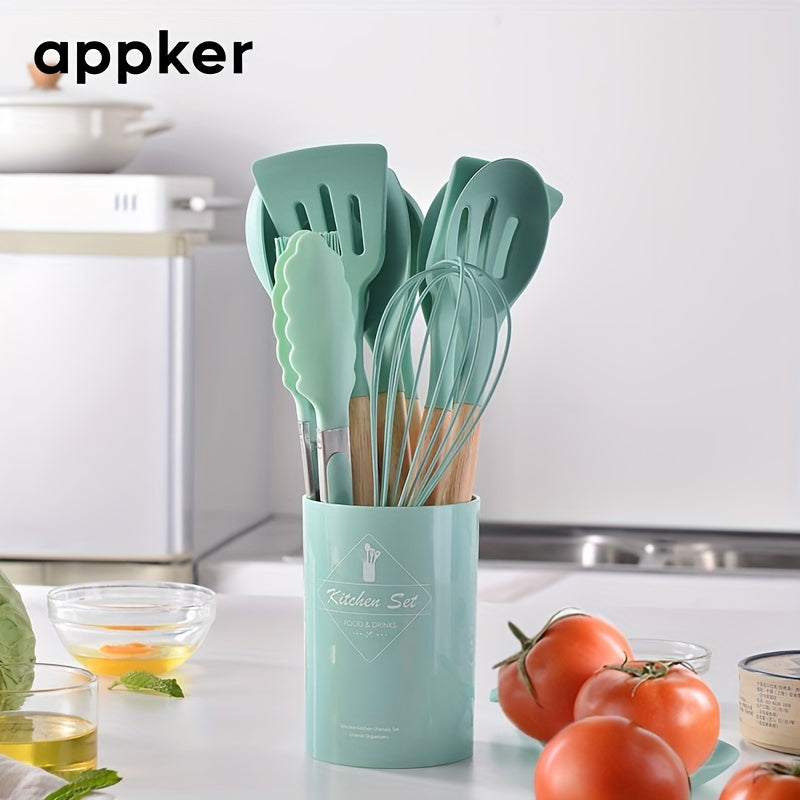 12-Piece Non-Stick Silicone Kitchen Utensil Set with Wooden Handles Heat-Resistant Durable Safe for Cooking and Baking