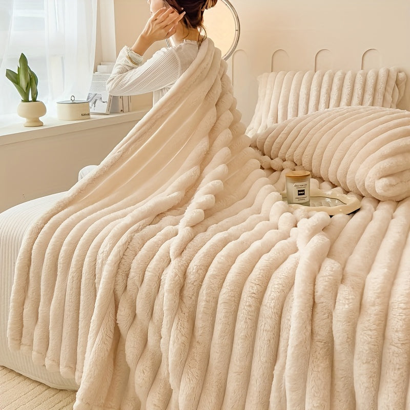 Faux Fur Blanket for Couch Bed Travel All-Season Soft Cozy Striped Multicolor