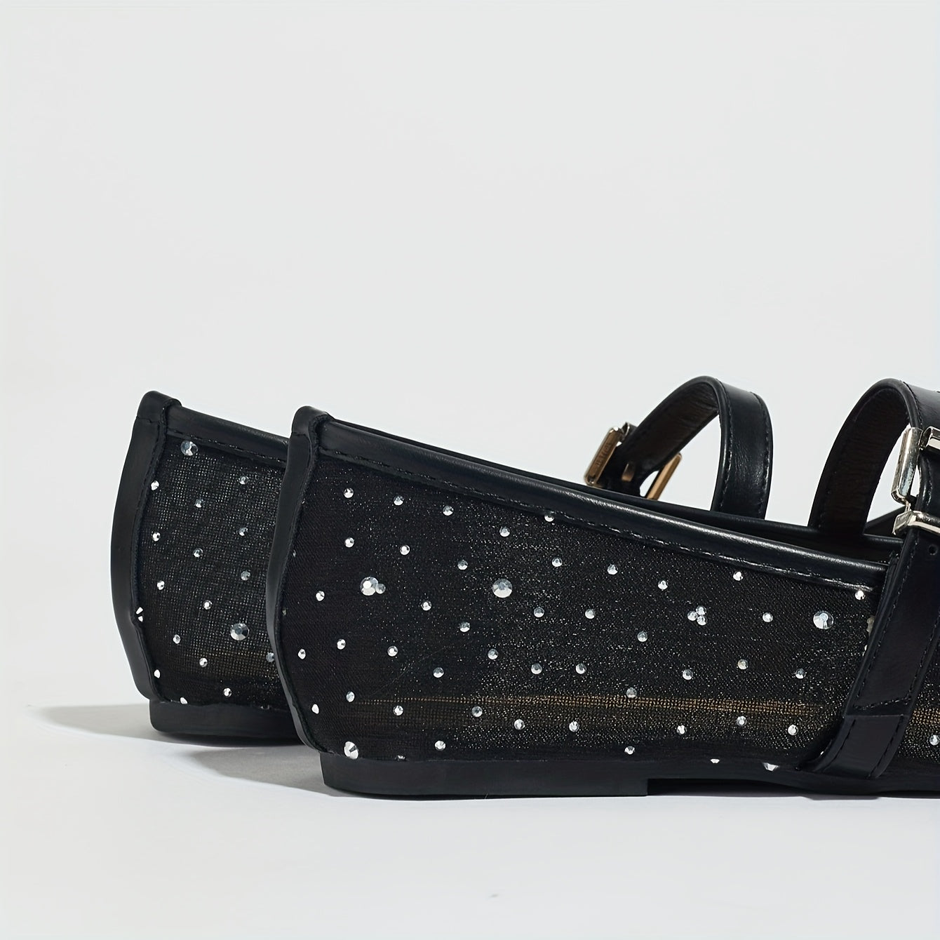 Zapatos planos de malla negra para mujer tipo Mary Jane con adornos de cristales