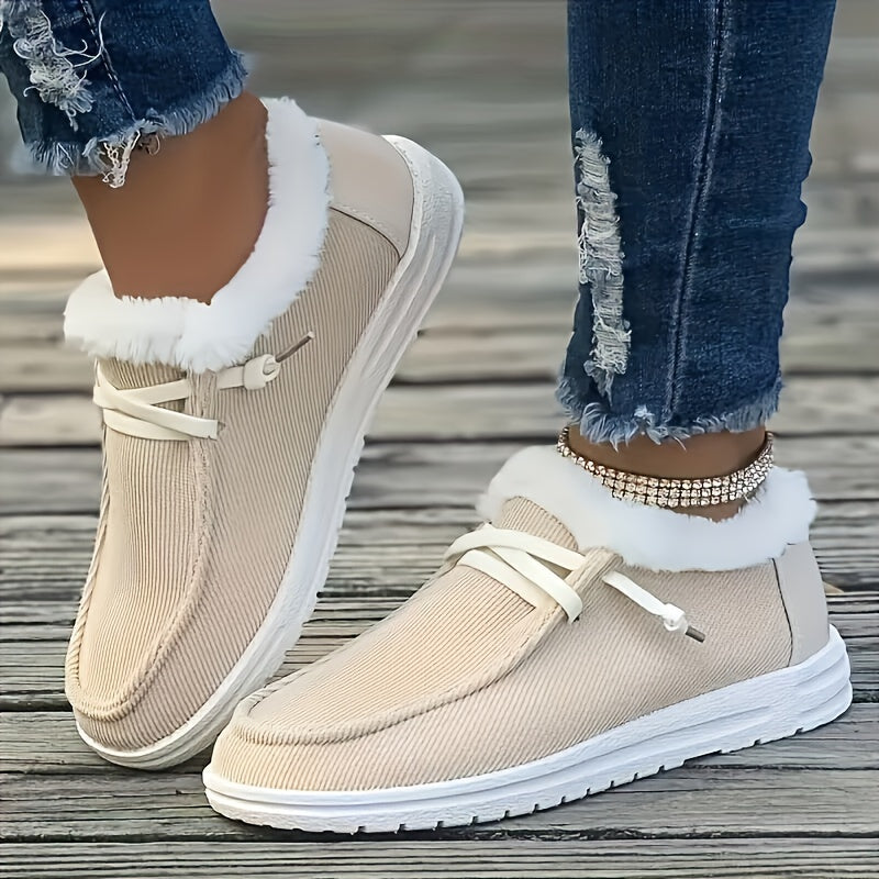 Women's Beige Plush-Lined Snow Boots Ankle Non-Slip Winter Boots