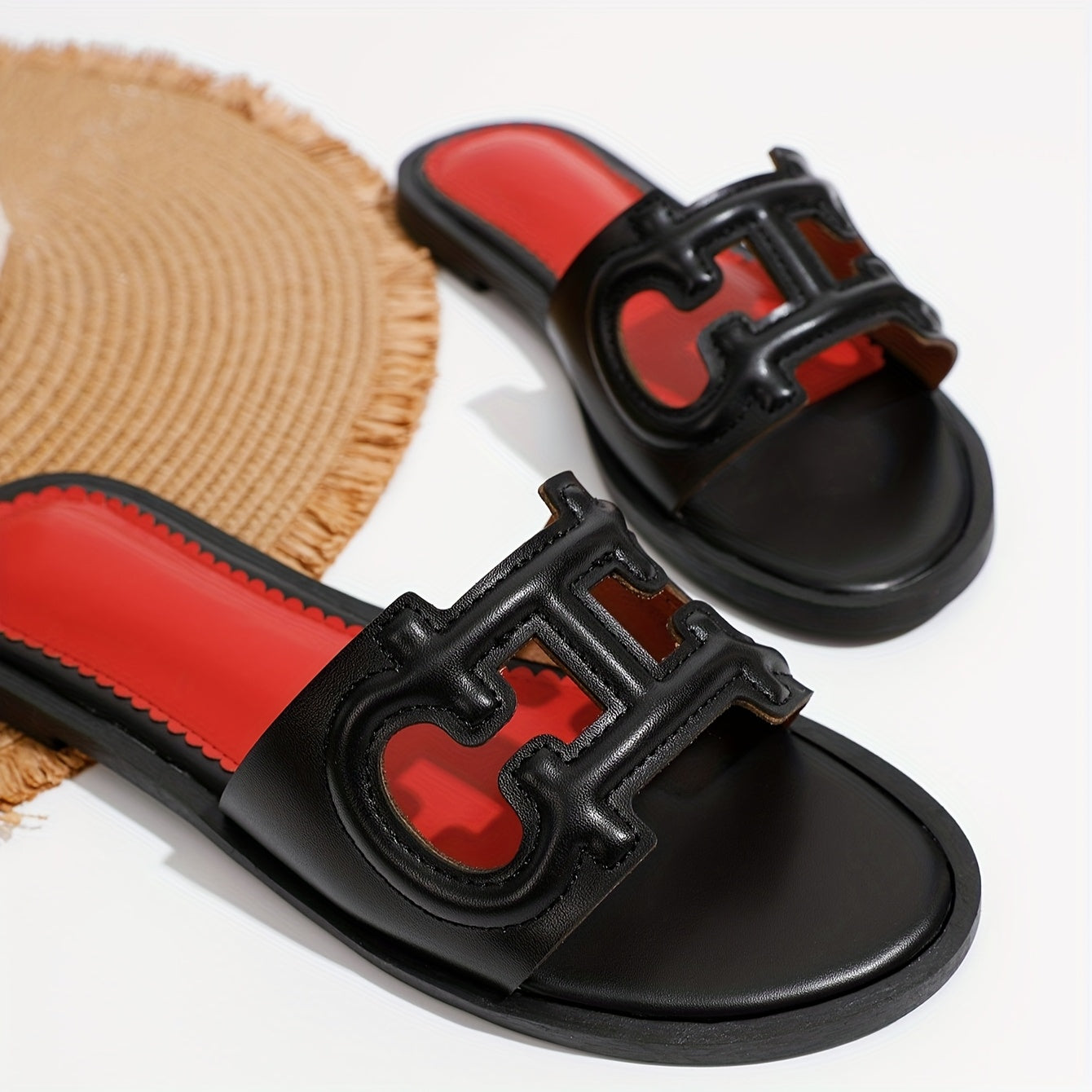 Women's Black Flat Sandals with Red Accents Slip-On Summer Casual