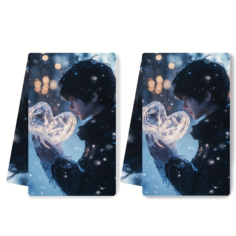 Anime Boy Ice Heart Kitchen Towels Set, Ultra-Soft, Highly Absorbent