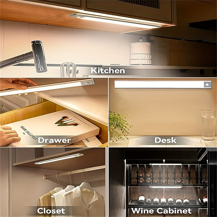 Juego de 2 tiras de luz LED inteligentes ultrafinas con soportes magnéticos, batería recargable y sensor de movimiento