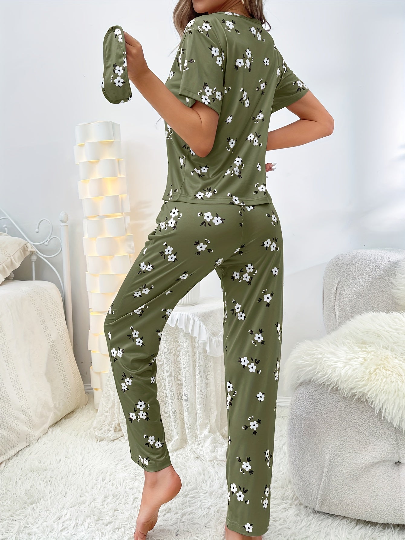 Women's Floral Pajama Set Short Sleeve Top Elastic Waist Pants Spring Summer