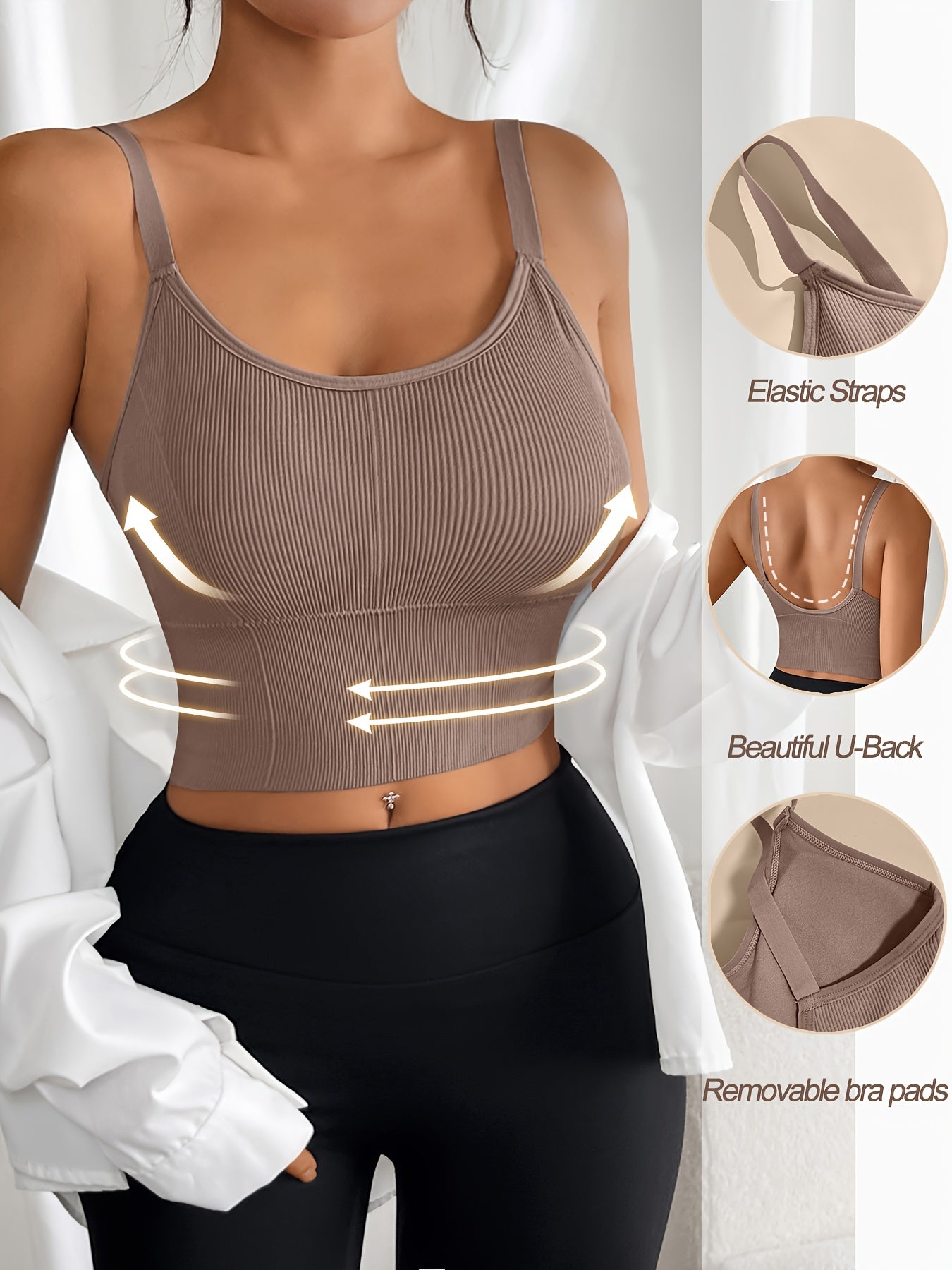 Plus Size Sports Bras Pack High-Stretch Ribbed Tank Tops Wireless Breathable for Yoga Running Black Navy Beige