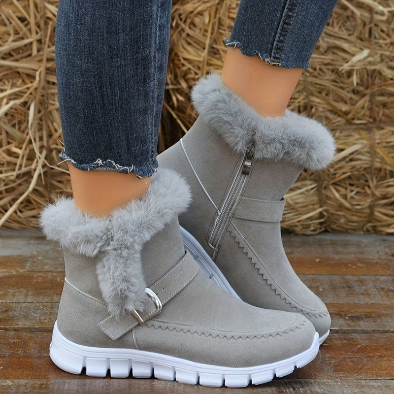 Women's Faux Fur-Lined Winter Snow Boots Thick Sole Gray Fabric