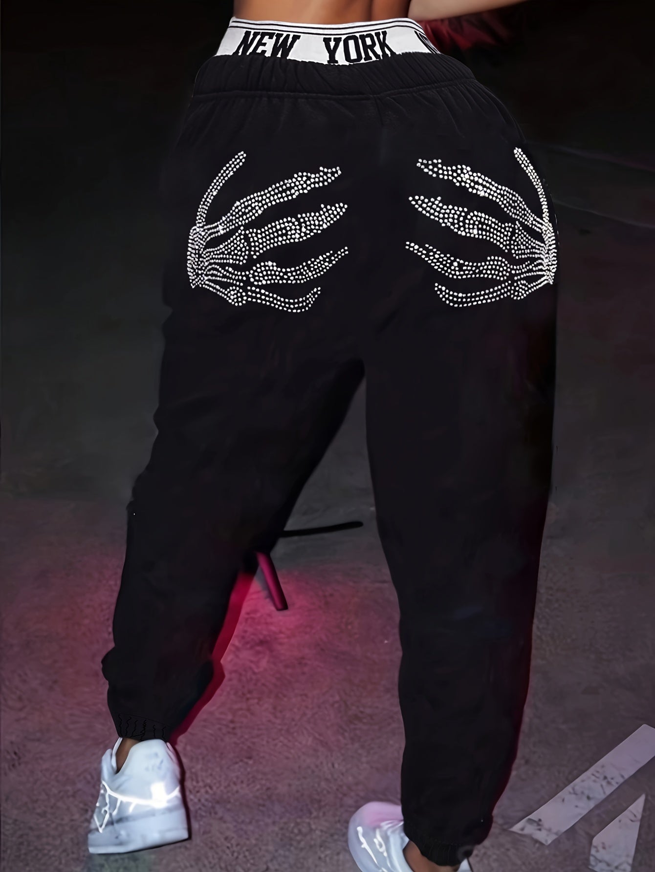 Women's All Season Knit Jogger Pants with Elastic Waistband Skeleton Hands Letter Embellishments