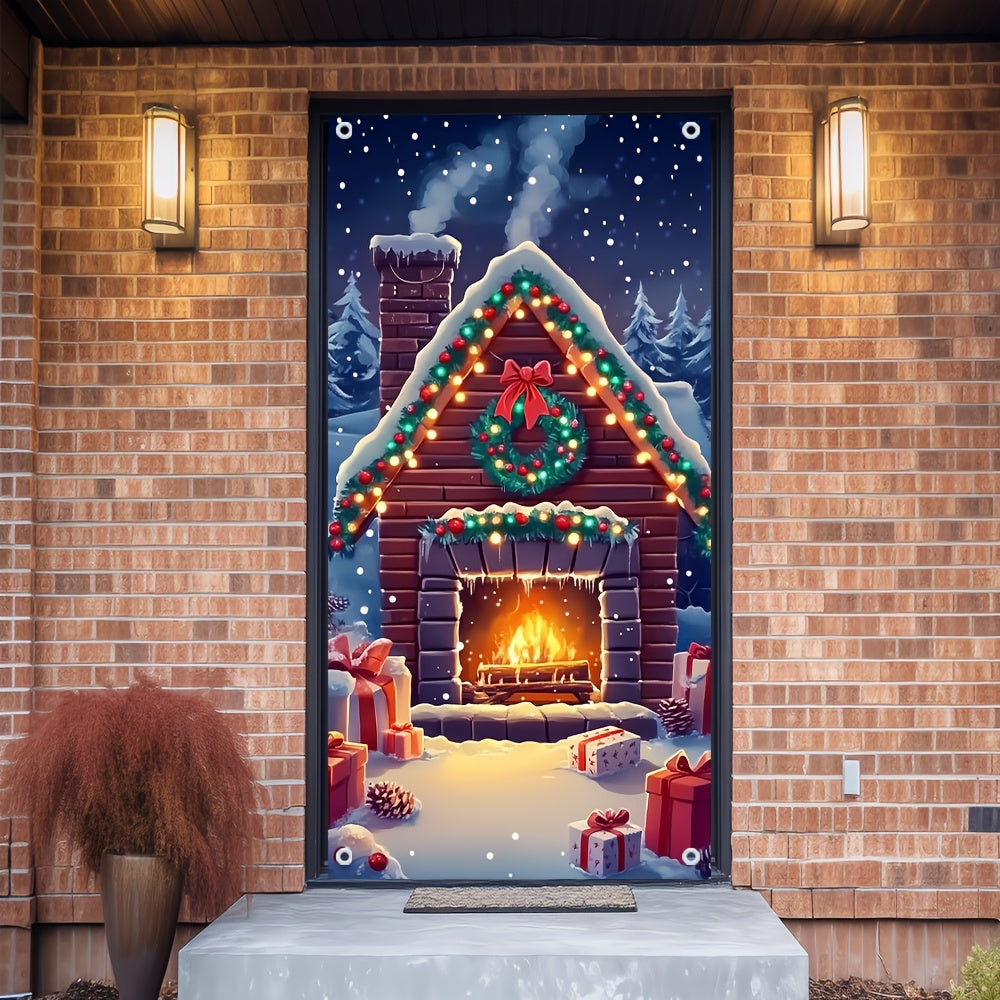 Festive Snowy Fireplace Door Cover for Holiday Winter Events Cozy Entryway