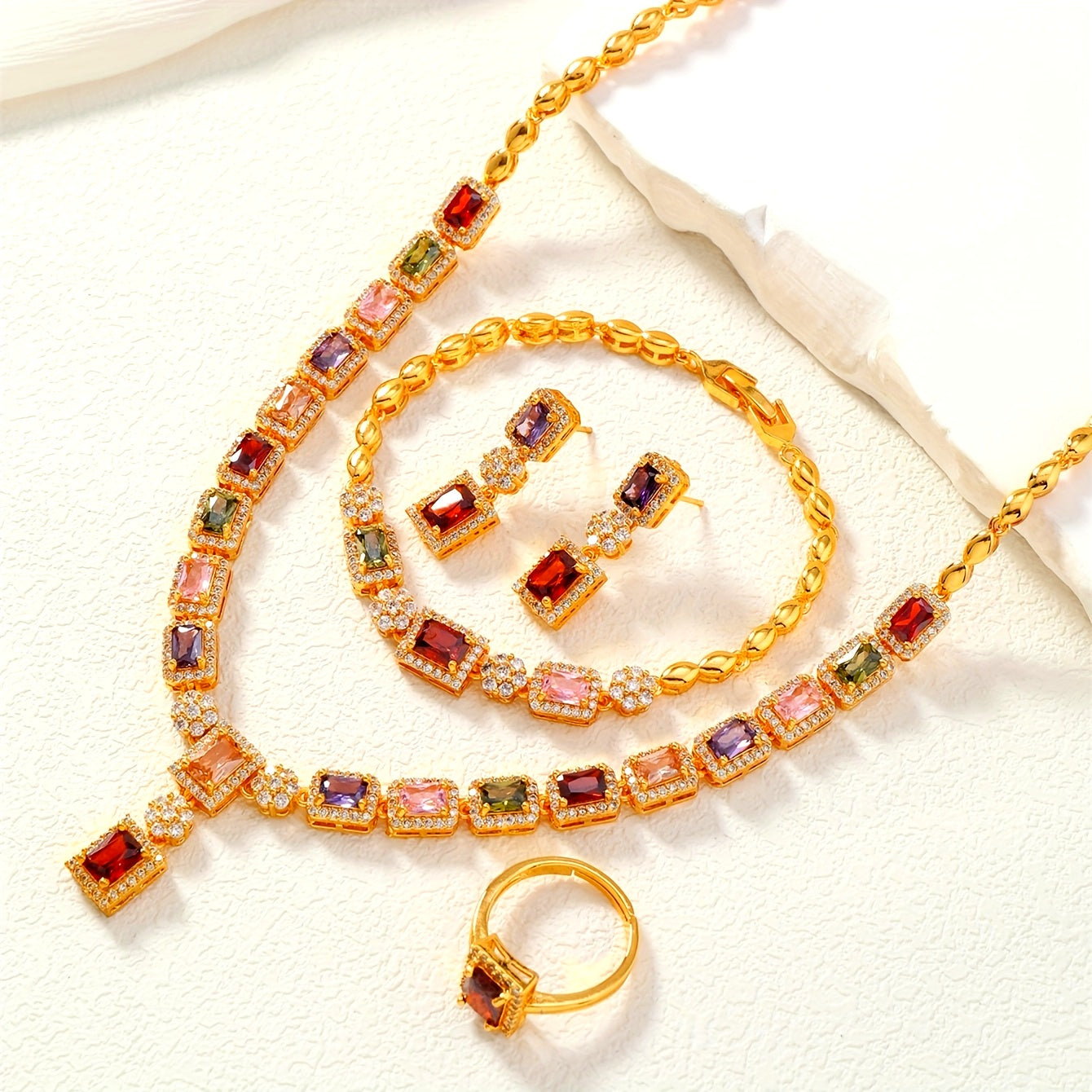 4-Piece Jewelry Set Vintage Gold-Plated Copper with Colorful Cubic Zirconia for Women