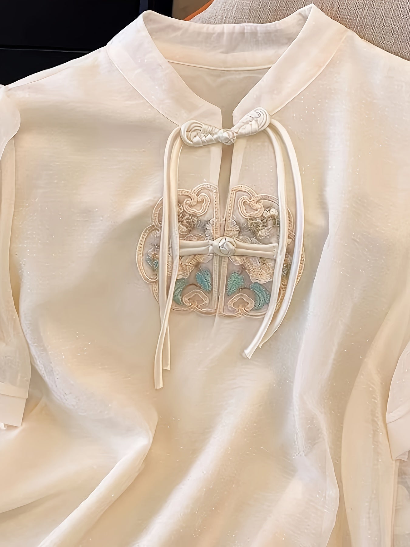 Women's Embroidered Short Sleeve Blouse with Mandarin Collar and Mesh Details