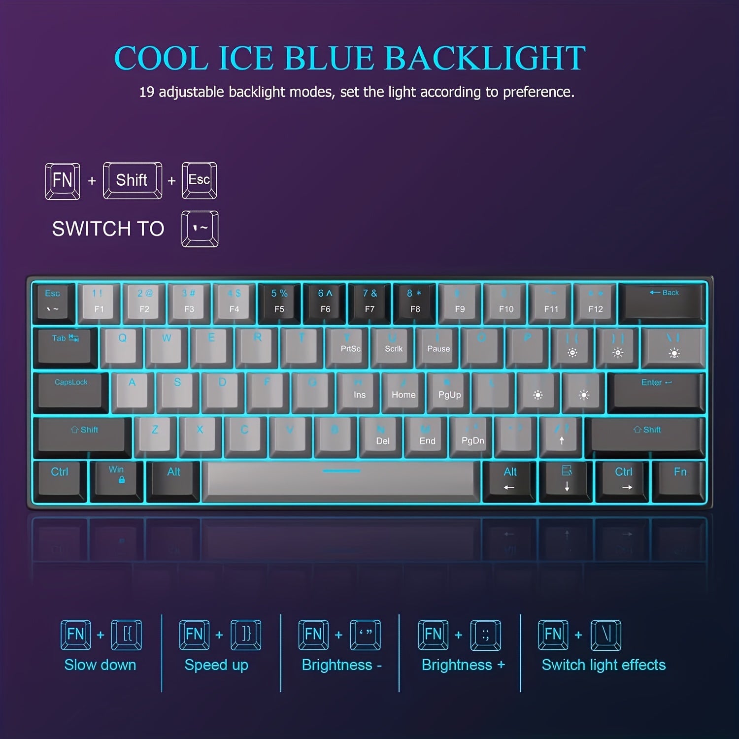 Ergonomic 60% Mechanical Gaming Keyboard Blue Switches Sea Blue Backlit Compact USB