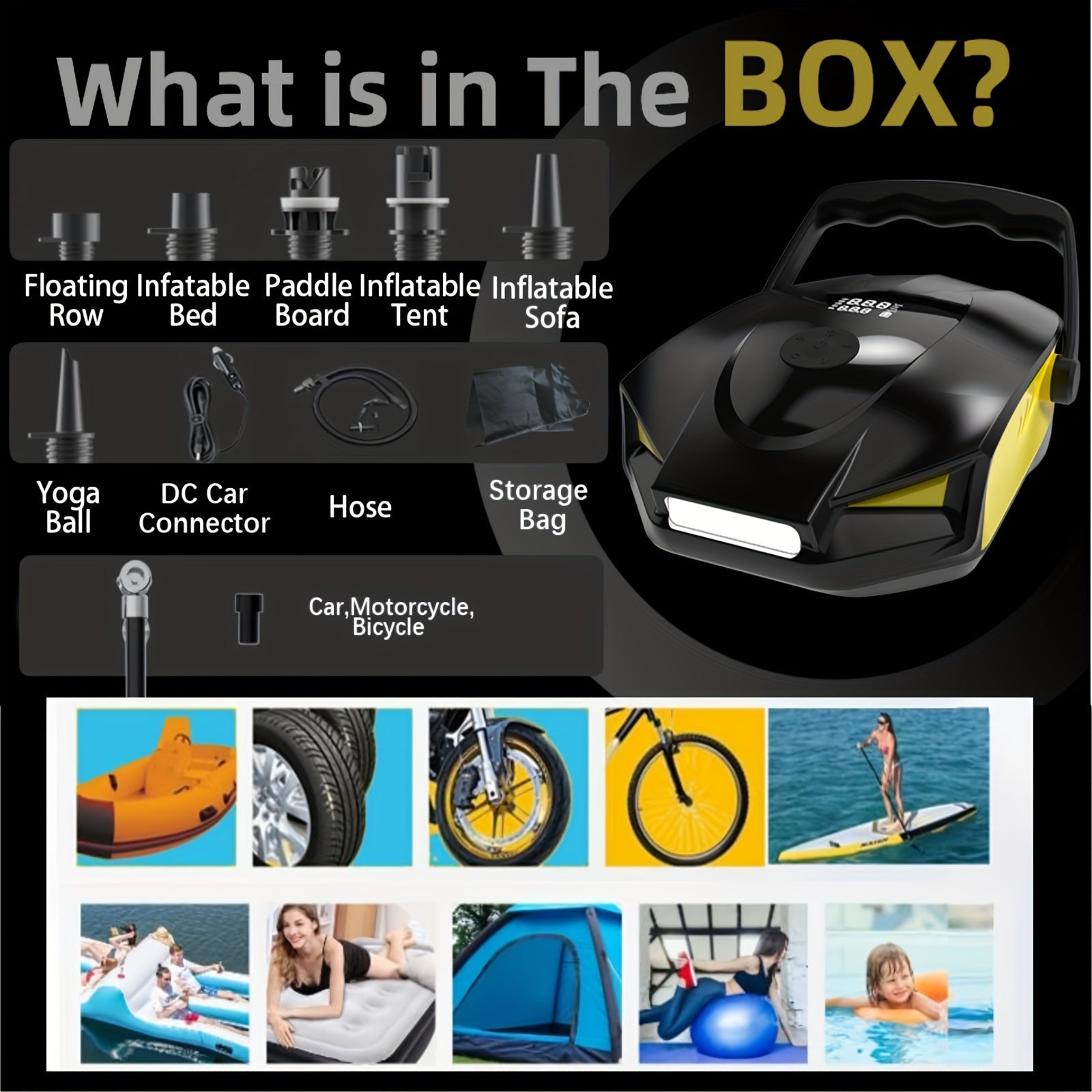 Portable Electric Air Pump with 7500mAh Battery Dual Pressure Settings for Inflatables Black and Yellow