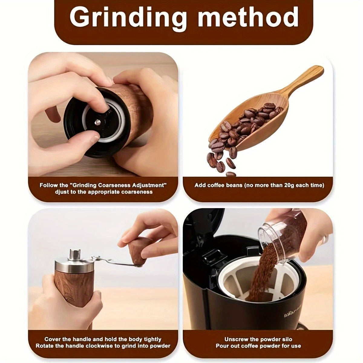 2 piezas de molinillo de café portátil de manivela con cuerpo de acero inoxidable, mango de madera y cepillo de limpieza