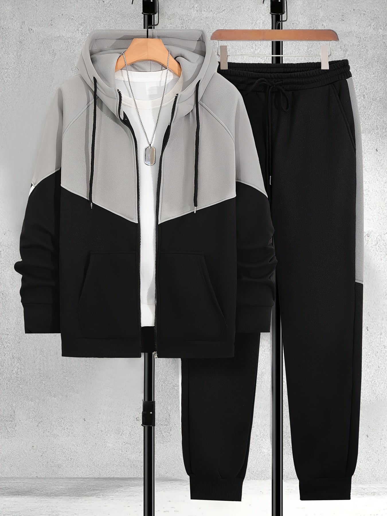 Plus Size Men's Color Block Hoodie and Jogger Set Polyester Casual Fall Winter