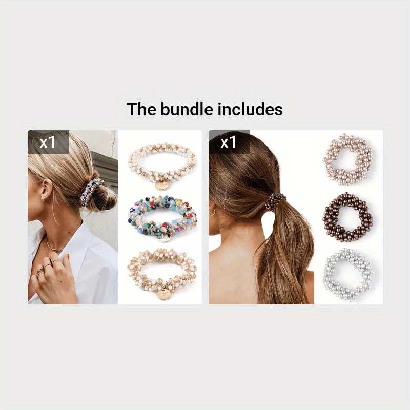 Women’s Elastic Hair Ties Set with Crystal Pearl Beaded Embellishments for Chic Ponytails and Bracelets