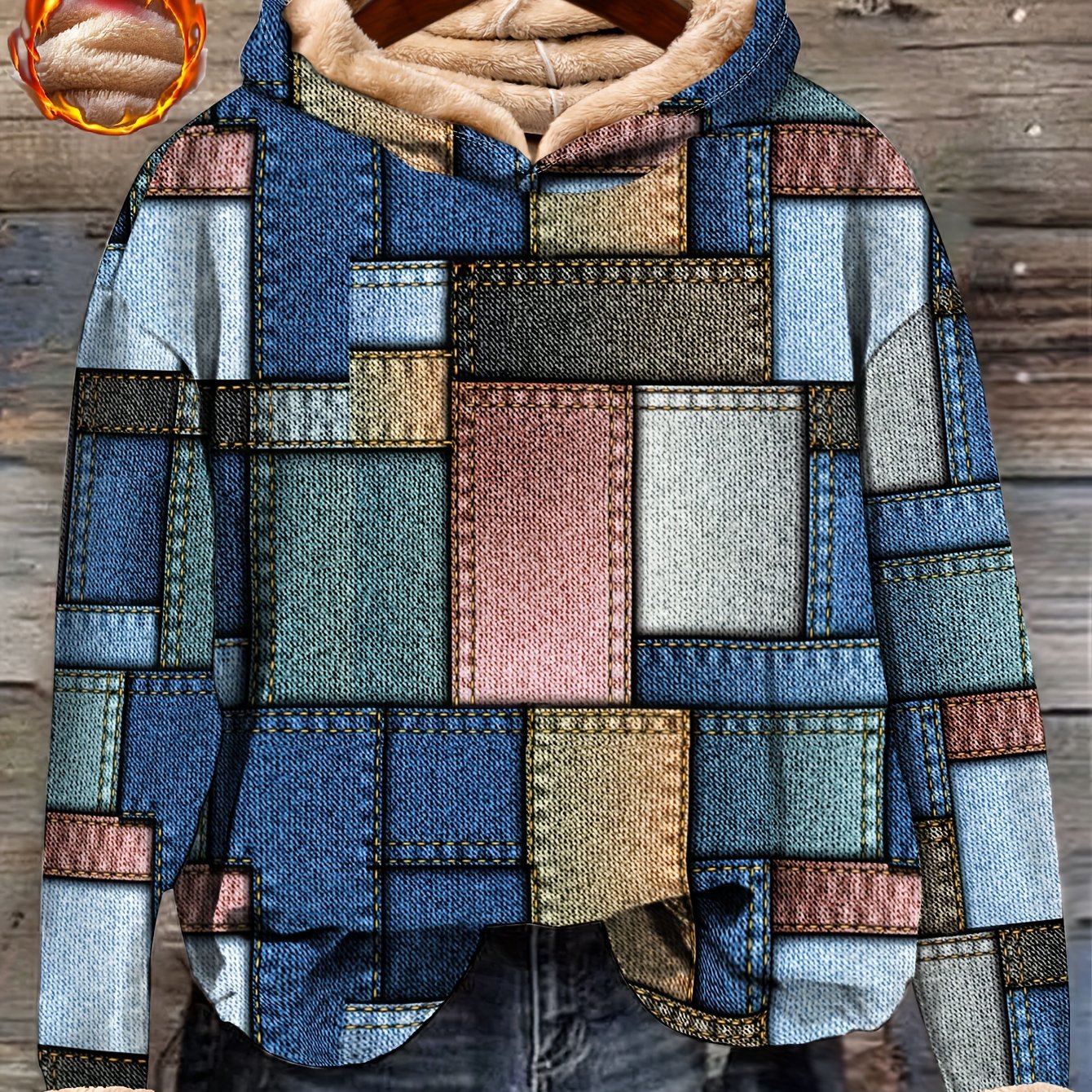 Plus Size Women's Denim-Style Hoodie with Faux Denim Pattern Autumn Winter Long Sleeve