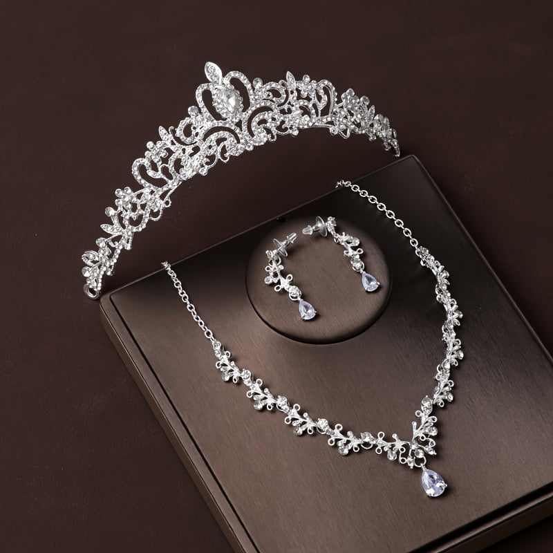Rhinestone Jewelry Set Crown Tiara Necklace Earrings for Weddings and Gifts
