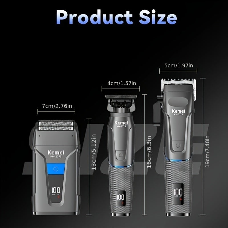 Профессиональный набор для ухода KEMEI, 3 шт., с USB-зарядкой для машинки для стрижки и бритвы, цифровым дисплеем, беспроводной зарядкой, литиевым аккумулятором, рабочим напряжением ≤36V - KM-2375