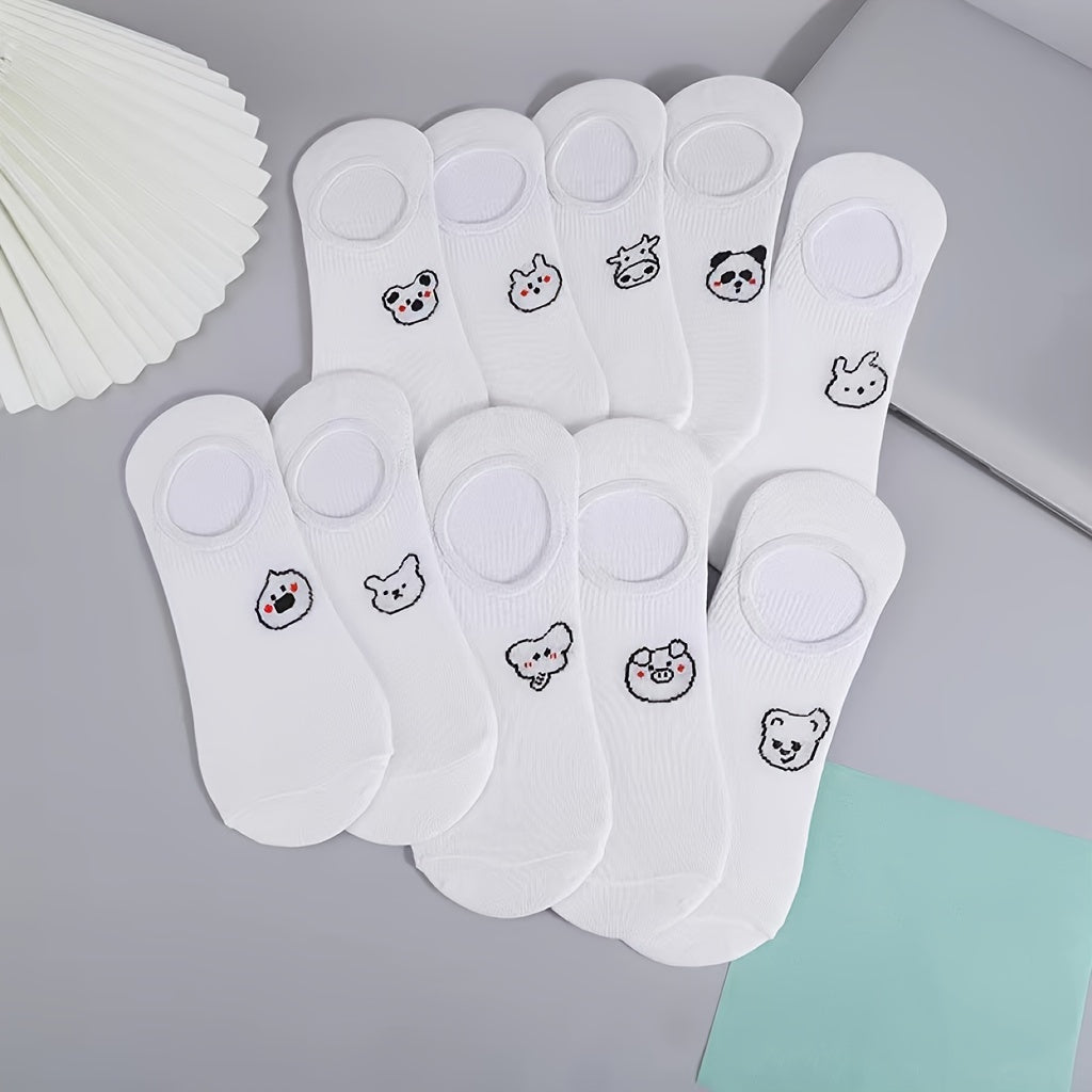 Women's White No-Show Socks 10 Pairs Animal Pattern Breathable Casual Socks