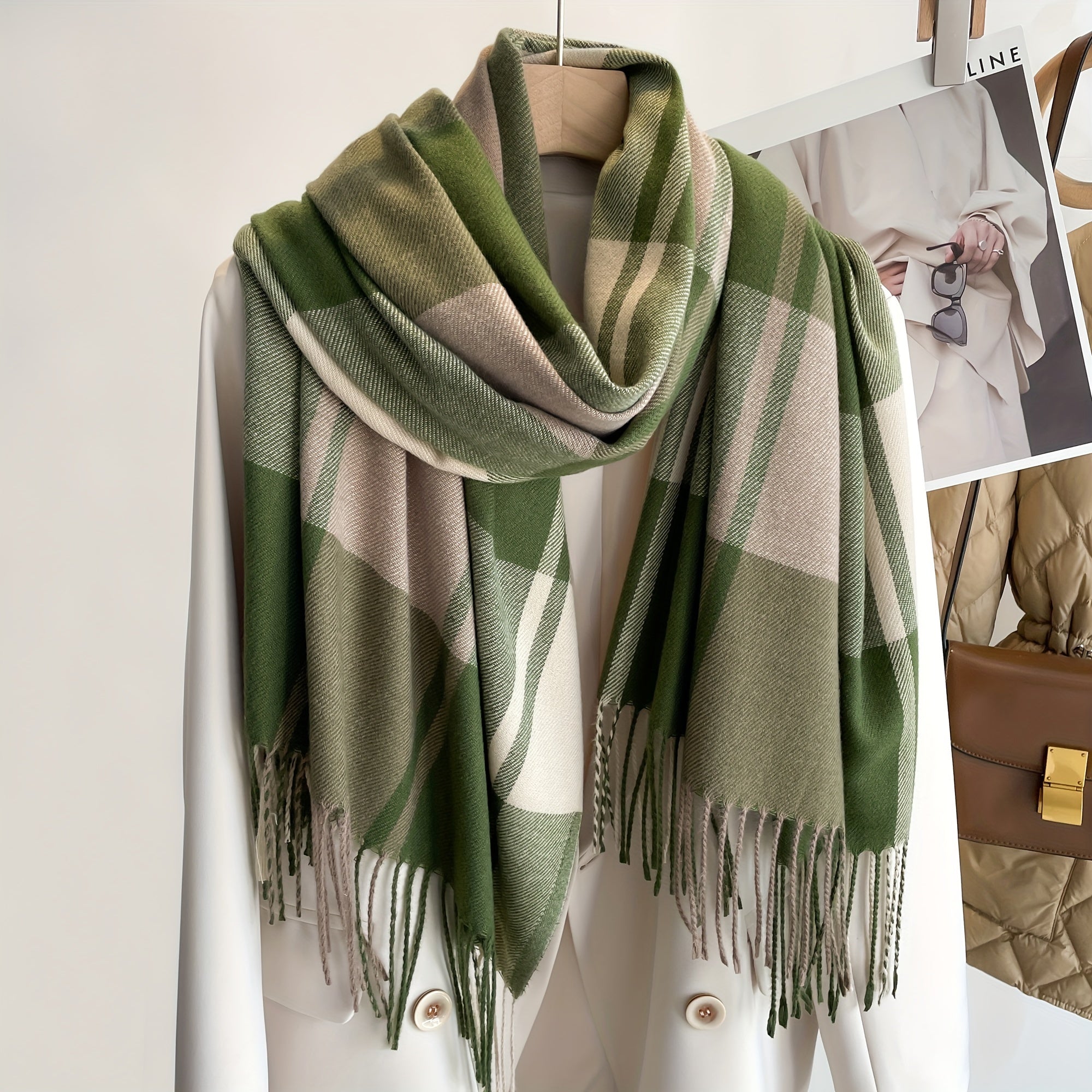 Plaid Wool Scarf with Tassel Detail for Autumn Winter Warmth and Style