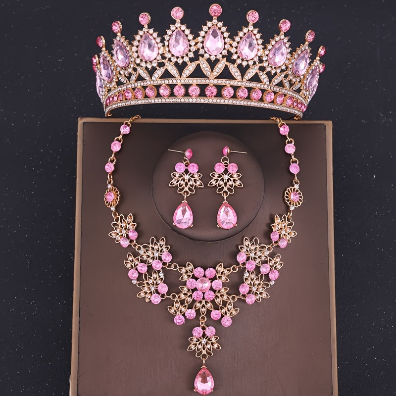 Bridal Jewelry Set Rhinestone Crown Necklace Earrings Wedding Prom Formal