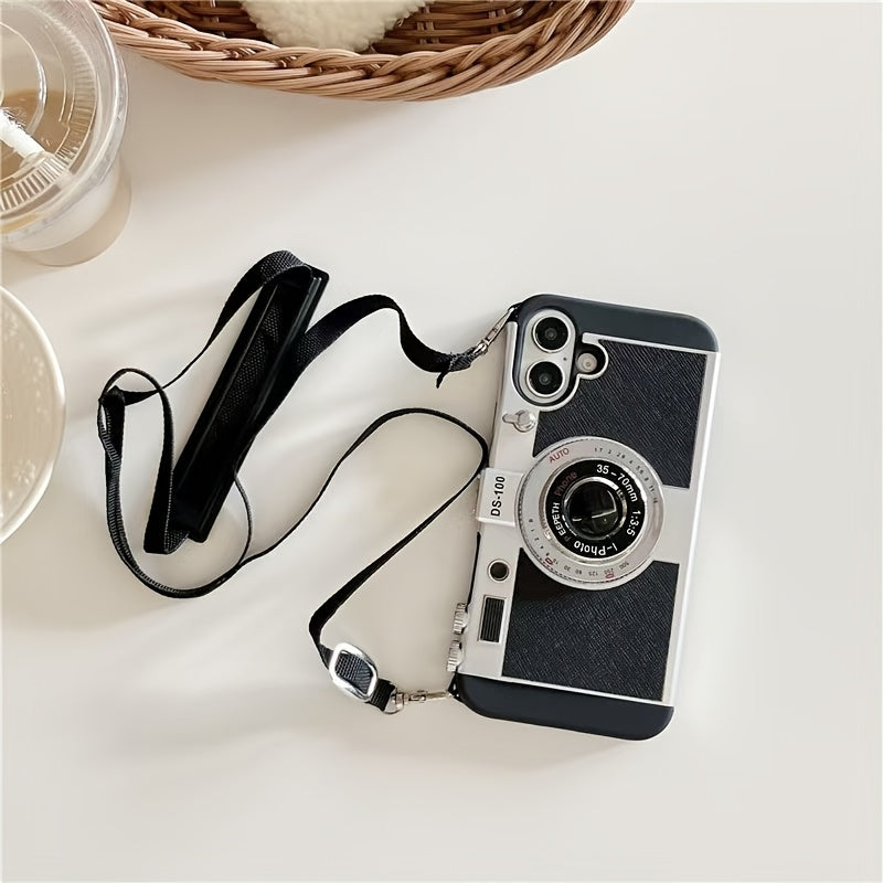 Retro 3D Camera Phone Case with Crossbody Strap for Apple iPhone 11-16 Soft Shell Protective Cover