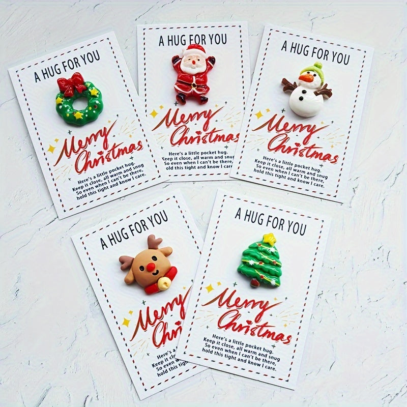 Christmas Pocket Hug Cards 5-Pack with Resin Santa Snowman Reindeer Tree Charms Holiday Greetings