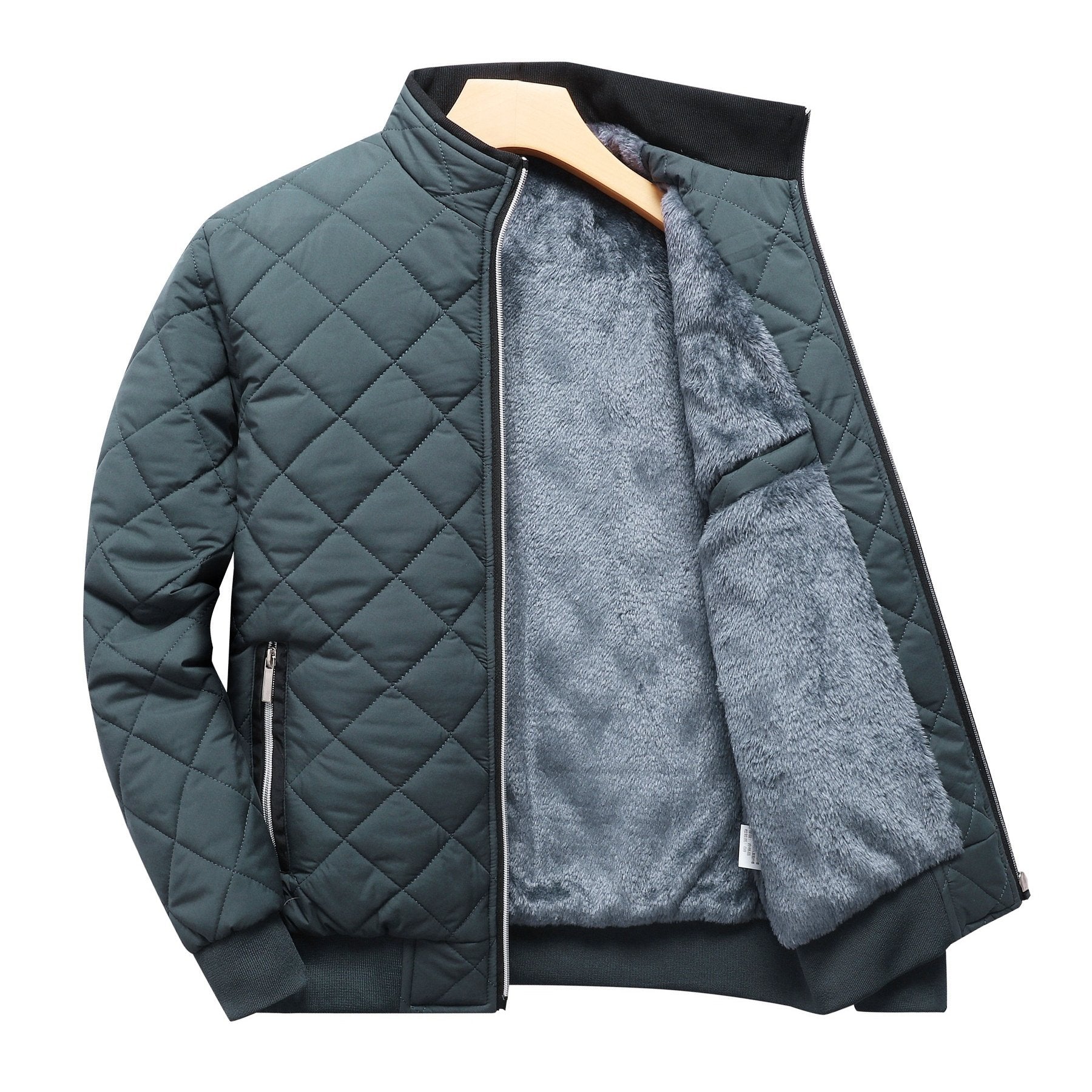 Chaqueta de invierno acolchada para hombre con forro de felpa en verde oscuro, cuello alto y cremallera