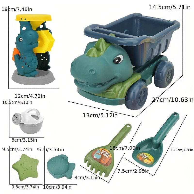 Kids Dinosaur Beach Toy Set with Dump Truck Watering Can Shovel Rake Sand Molds 7 Pieces