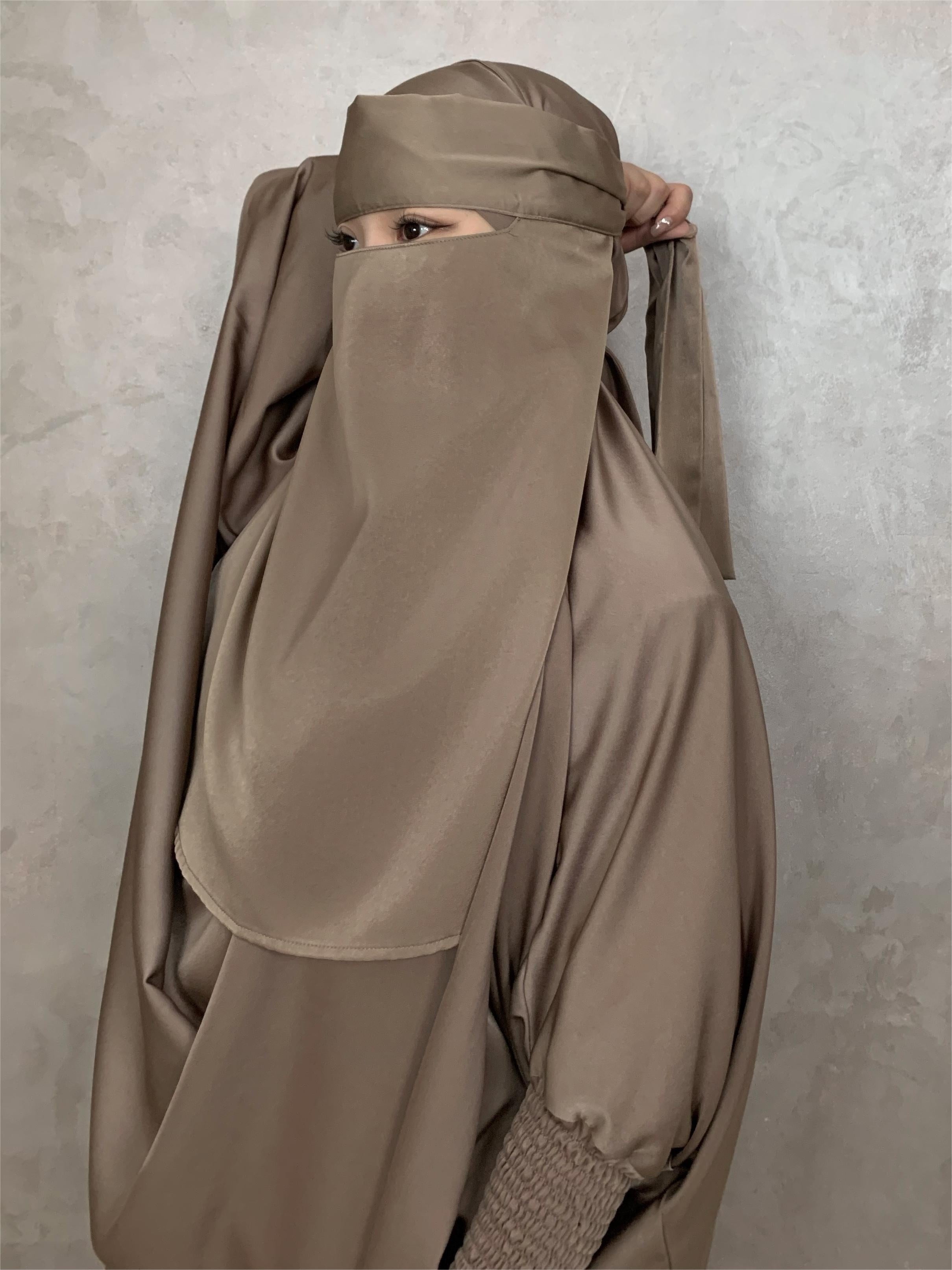 Скромное платье с прикрепленным никабом, сатиновый абайя, комплект, длинные рукава, однотонный цвет, все размеры