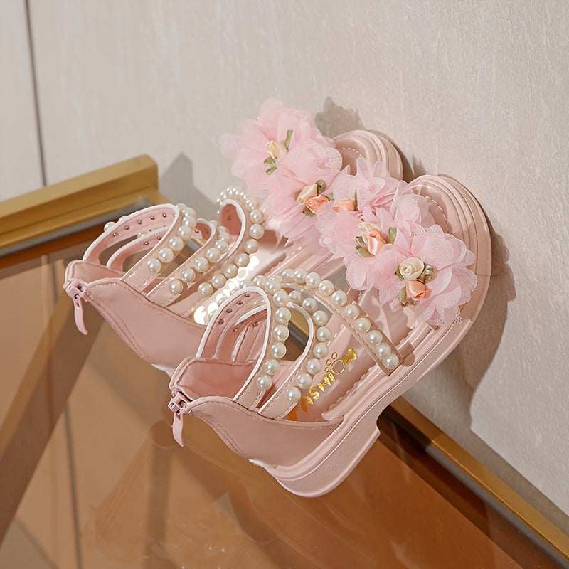 Baby Girl Sandals Open Toe Flowers Pearls Zipper Summer Casual