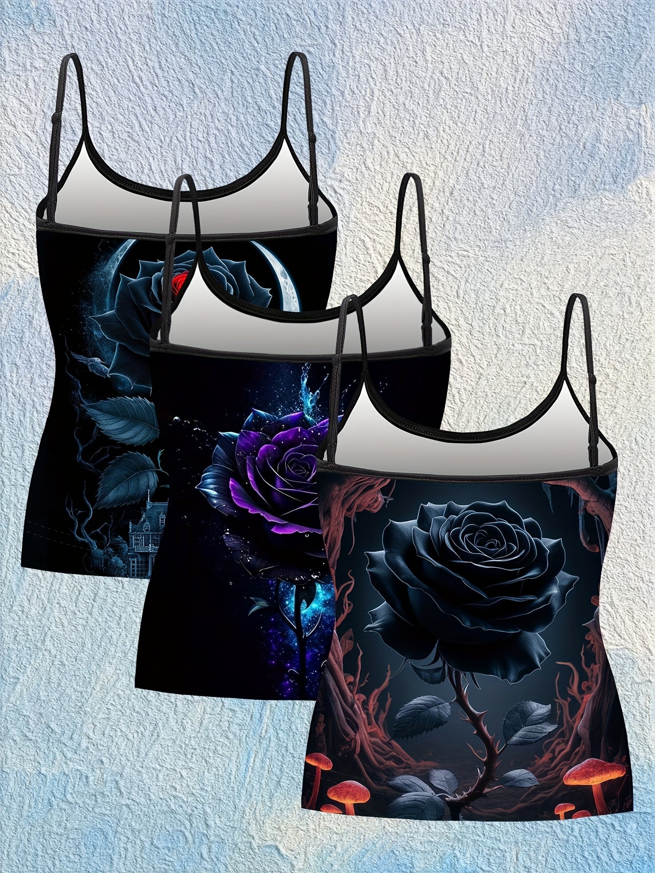 Женский комплект топов без рукавов с цветочным принтом, черные розы, грибы, весна-лето-осень