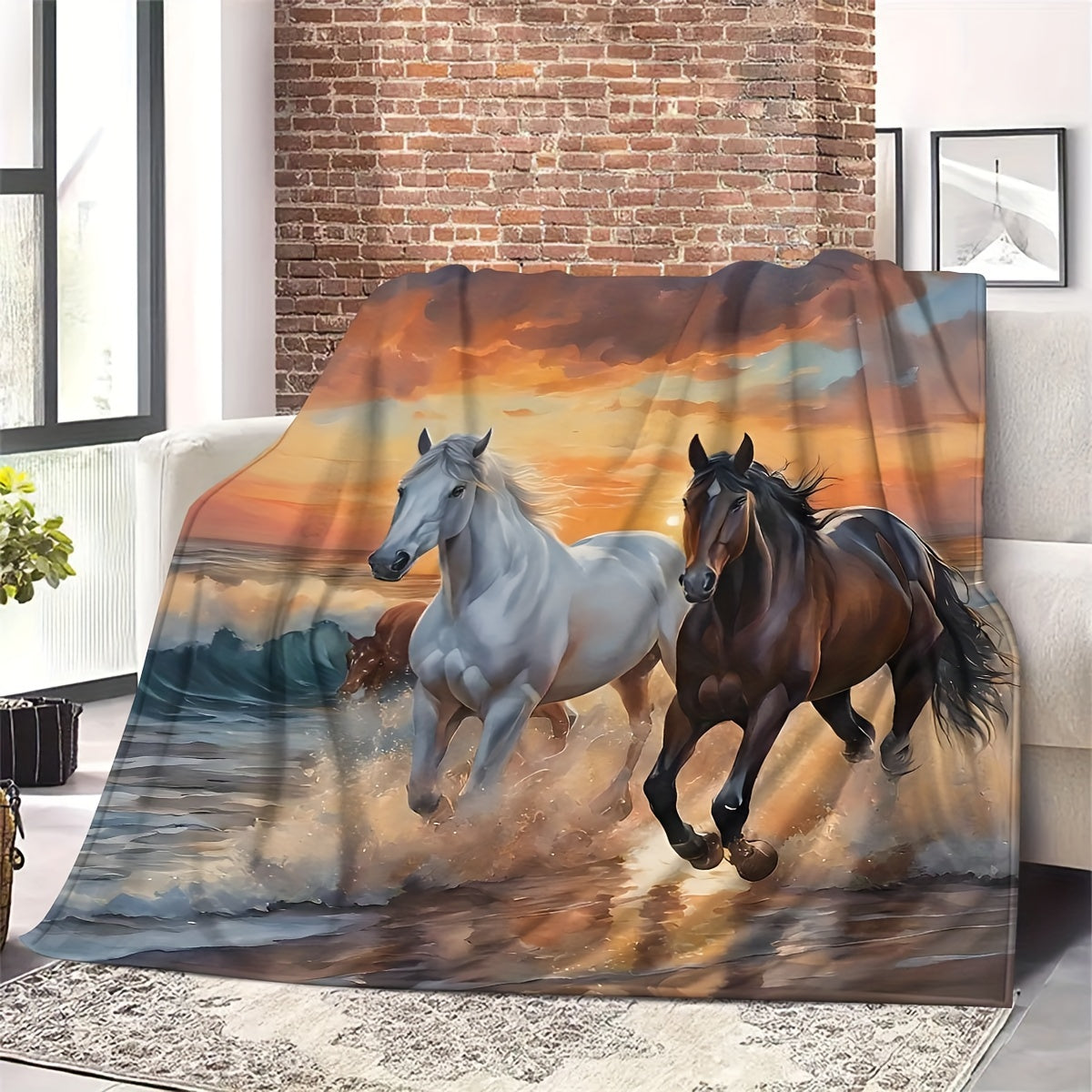 Digital Print Flannel Throw Blanket with Horses for Sofa Bed Camping All-Season