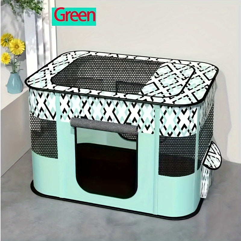 Foldable Turquoise Pet Playpen for Large Dogs Cats Portable Mesh Windows Geometric Roof