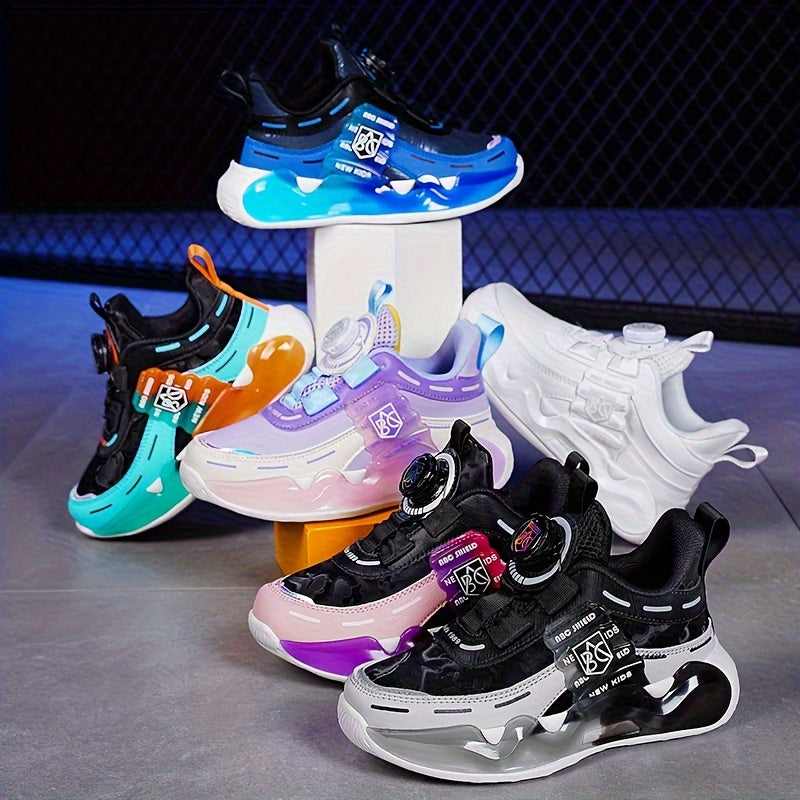 Girls Casual Platform Sneakers with Rotating Button Shock-Absorbing Running Basketball Shoes