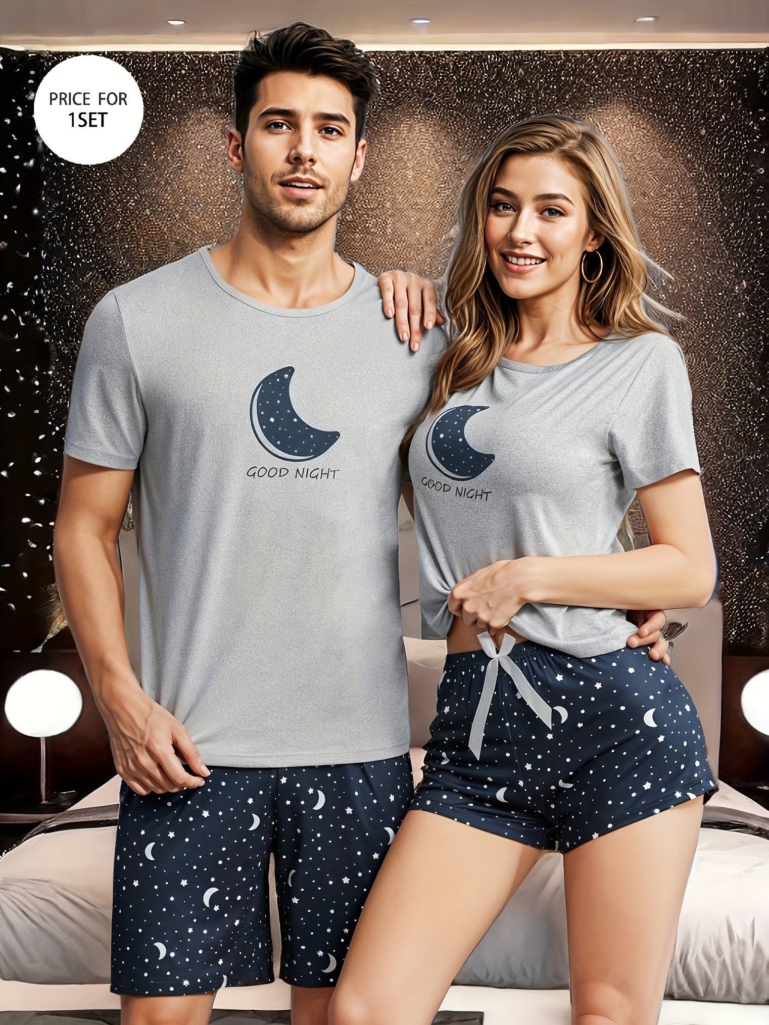 Men's Moon and Slogan Graphic Tee and Galaxy Print Pajama Set Polyester Crew Neck Regular Fit