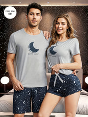 Men's Moon and Slogan Graphic Tee and Galaxy Print Pajama Set Polyester Crew Neck Regular Fit
