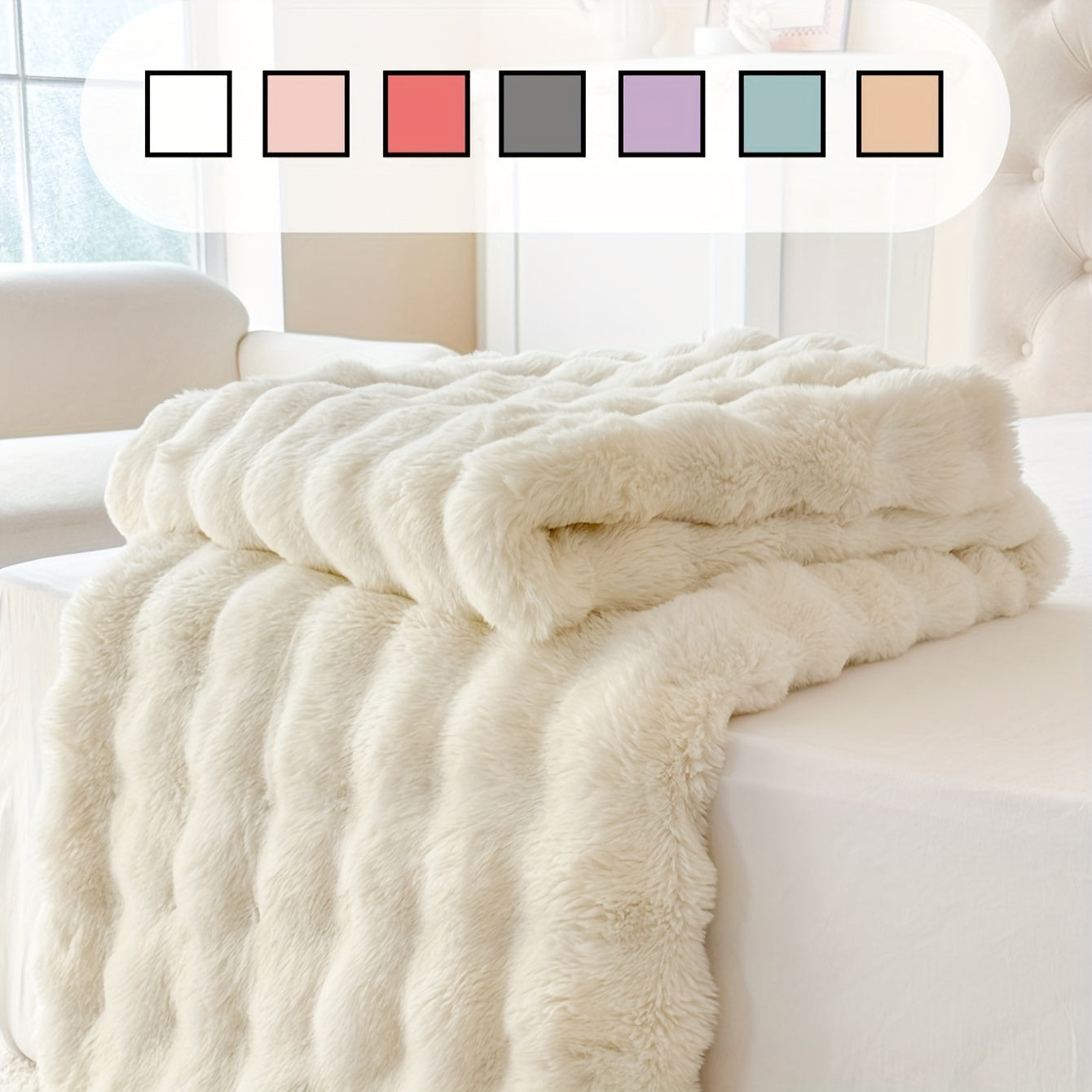 Faux Rabbit Fur Throw Blanket White Geometric Snuggle Cozy Sofa Bed