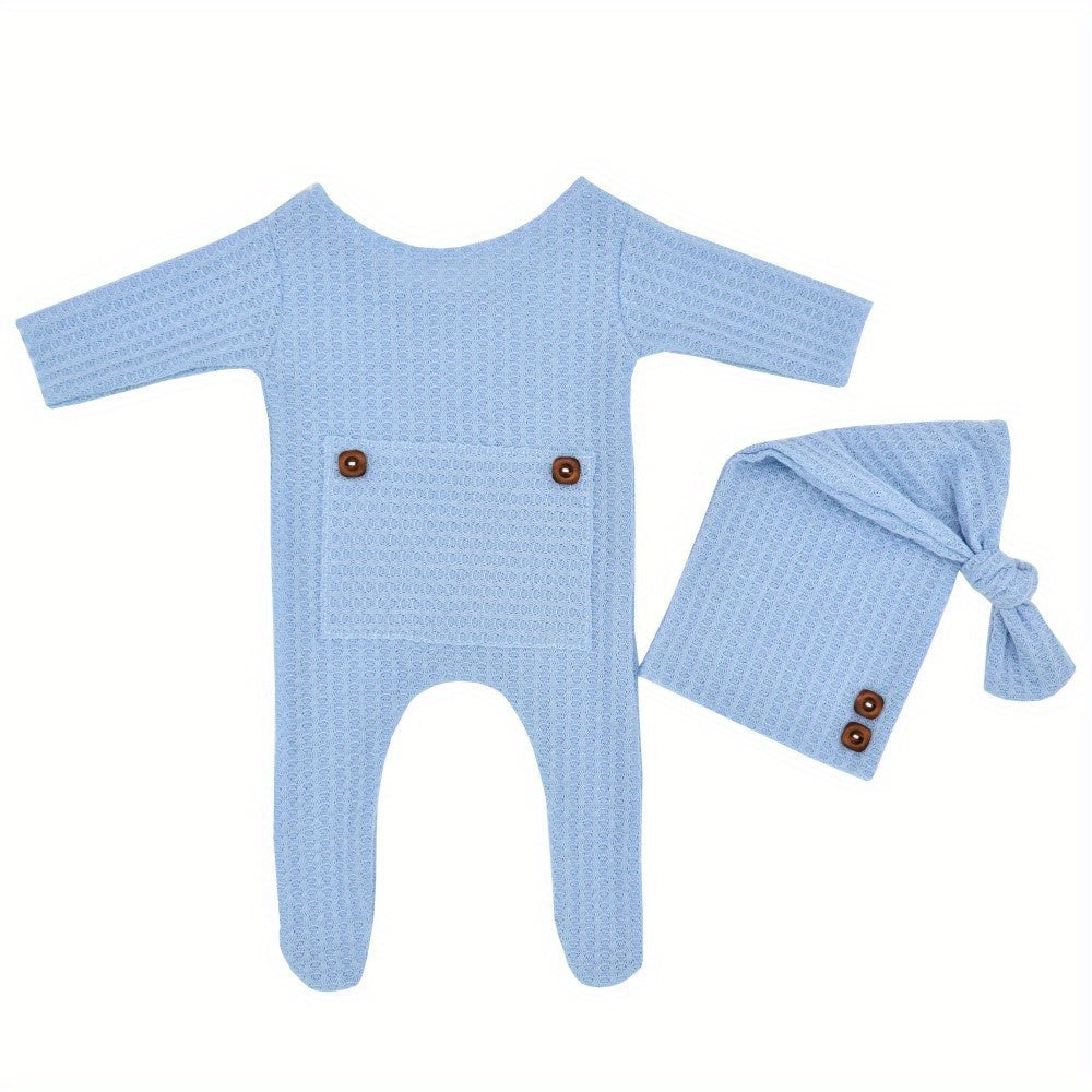 Newborn Baby Boy Clothes Set Long Sleeve Knitted Romper Beanie Photography Props